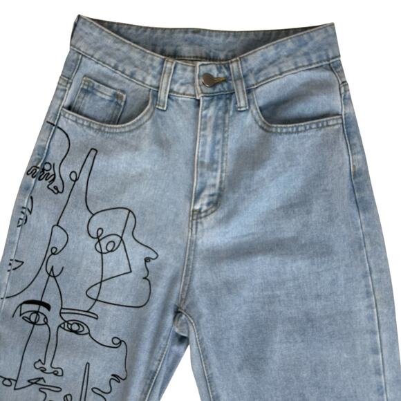 Distressed Faded Denim Mom Jeans Women 26" Waist Wide Leg High Rise Wearable Art - Picture 3 of 16